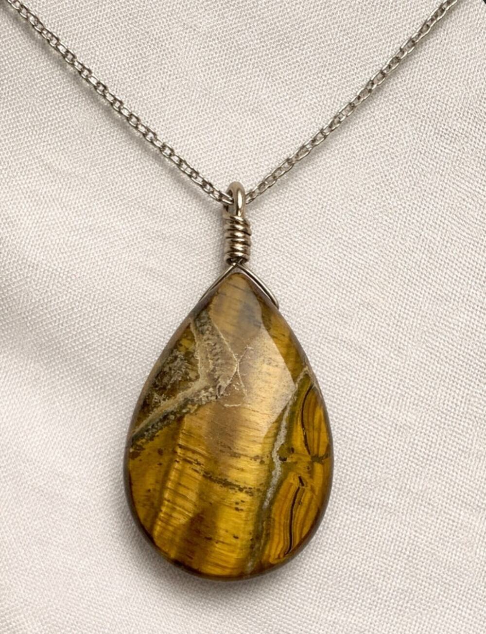 Tiger’s Eye Teardrop Pendant 1.25” Polished Natural Stone Wire Wrapped Charm